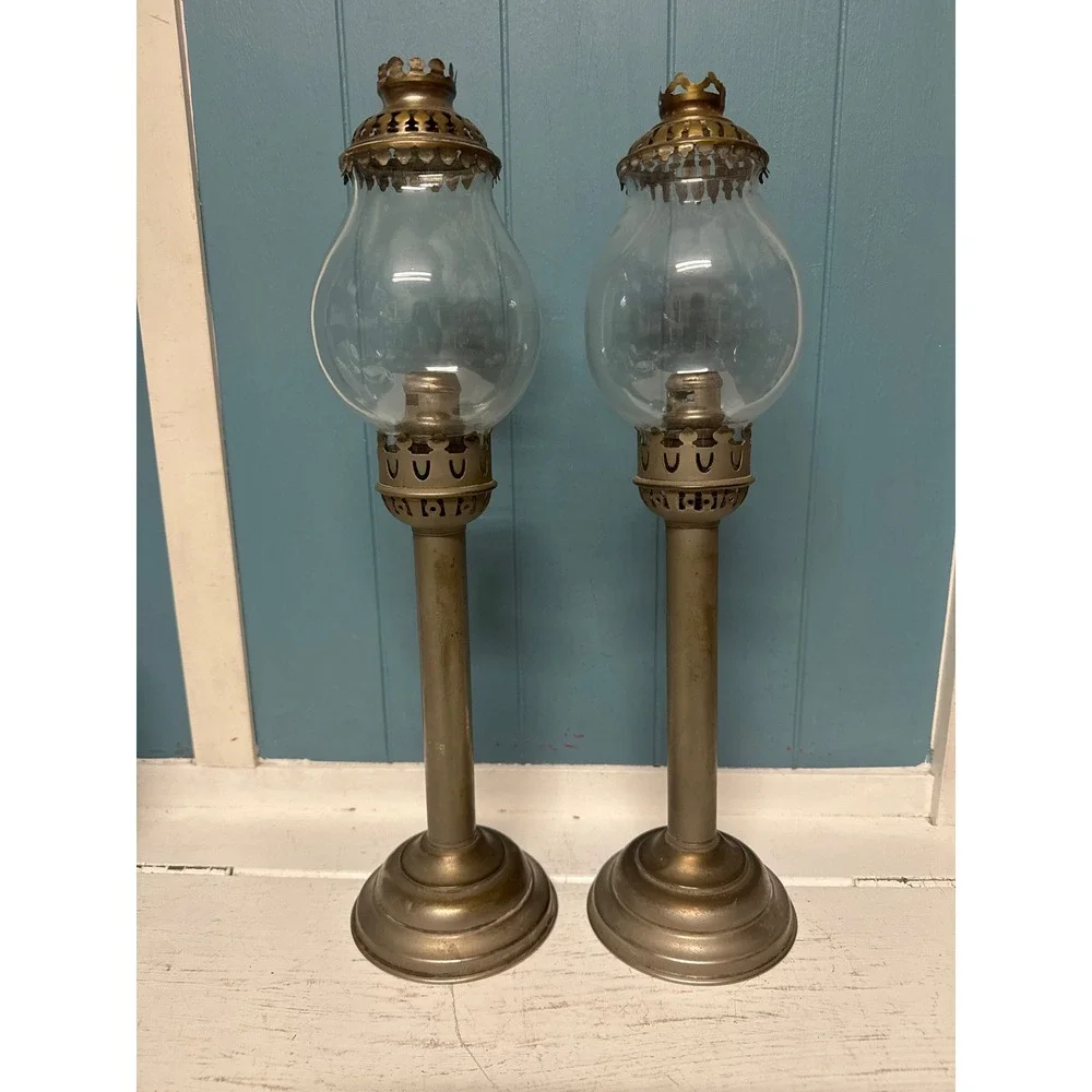 Pair Vintage Victorian Brass Oil Lamps Hurricane Glass Domes Ornate Tops *read